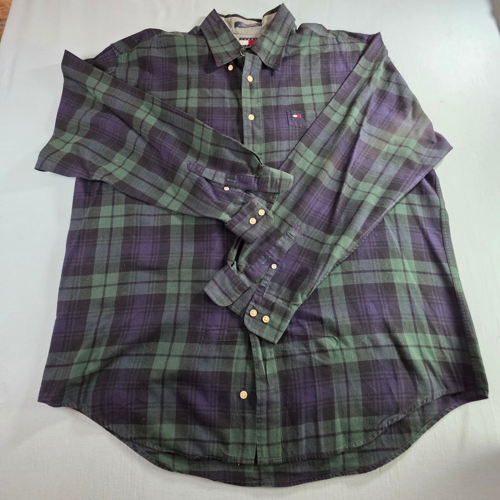 Vintage Tommy Hilfiger Blackwatch Plaid Button Down Shirt Navy Green Mens XL